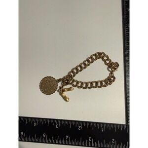 Vintage Gold Tone Happy Birthday Charm Bracelet Ballet Slipper Shoes Double Link